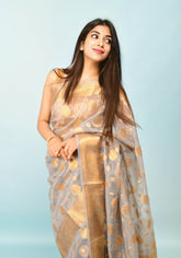 Grey Zari Work Soft Organza Saree
